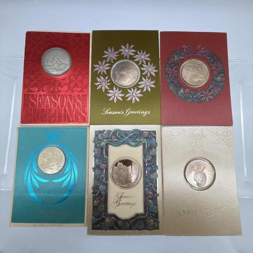 6 Vintage 1960s Franklin Mint Christmas Card Holiday Season Coin Medal Token Lot